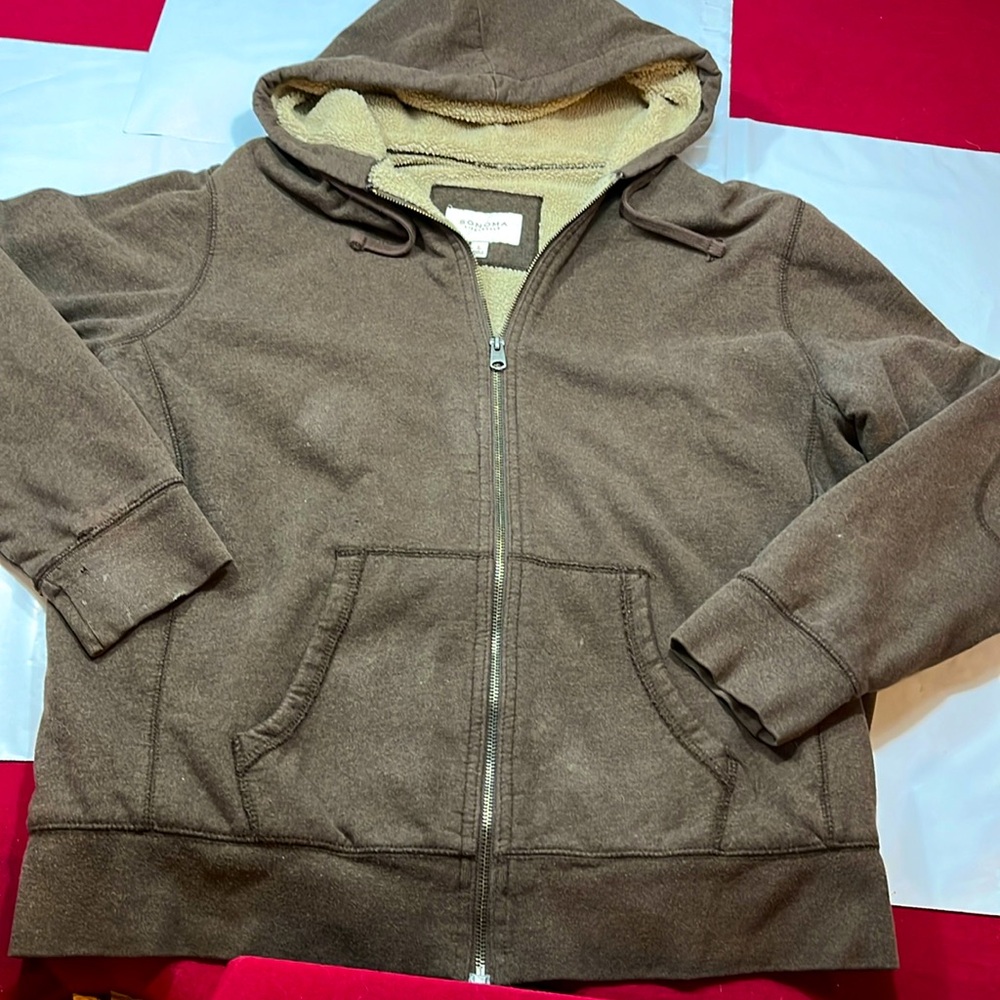 Sonoma BROWN fleece lined HOODED ZIP UP Sweatshirt JACKET warm hoodie men large